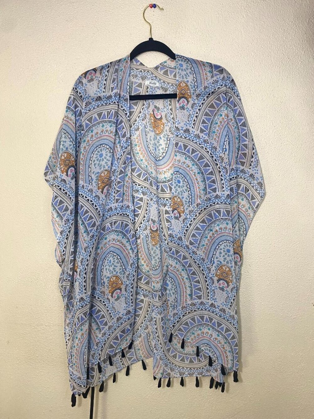 Mudd Boho Kimono Cardigan Coverup Womens One Size Blue Multicolor Tassel Hem